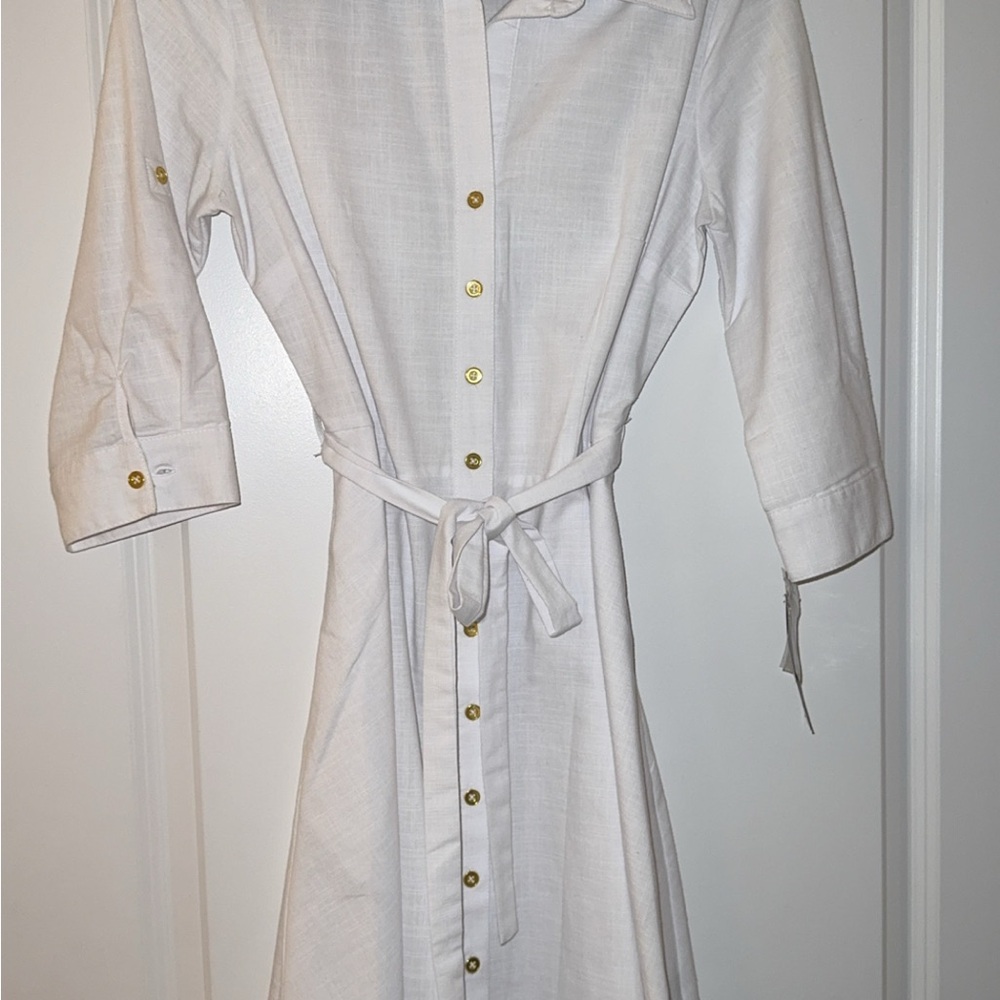 Sharagano White Long Sleeve Dress with Gold Buttons